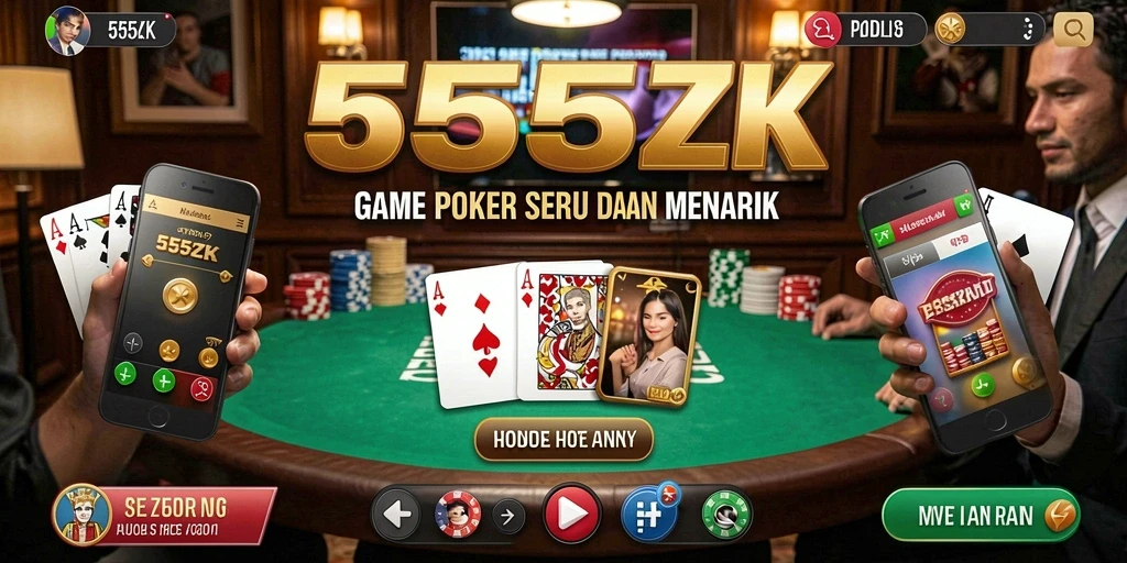 Tampilan gameplay menegangkan di 555ZK dengan meja poker.