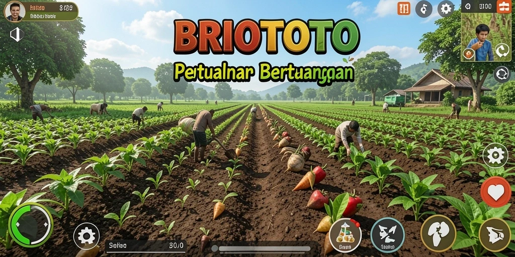 Tangkapan layar dari gameplay BRIOTOTO yang menampilkan kebun yang subur dan penuh warna.