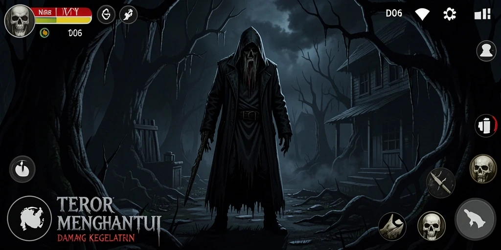 Screenshot gameplay D06 menunjukkan momen menegangkan di ruang gelap.