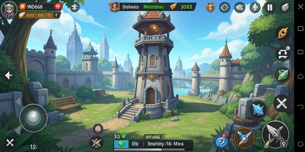 Screenshot gameplay IND666 menampilkan pertarungan menara yang mendebarkan.