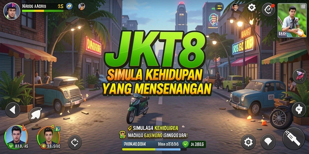 Screenshot gameplay JKT8 menampilkan interaksi yang ceria di dunia simulasi.