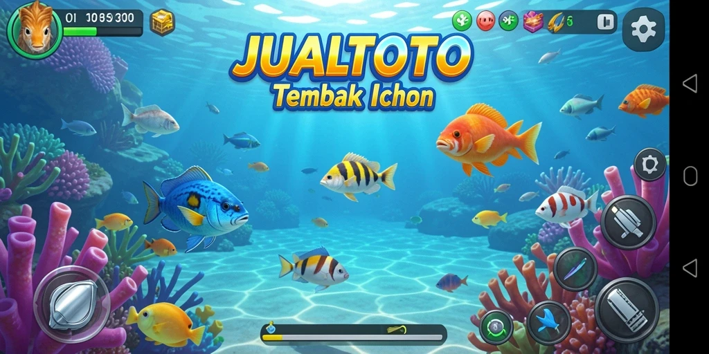 Screenshot utama JUALTOTO menampilkan aksi tembak ikan yang seru dan dinamis.