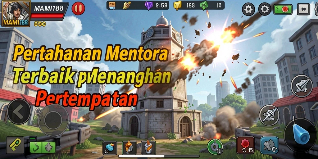 Screenshot gameplay MAMI188 menampilkan pertempuran Tower Defense yang menegangkan.