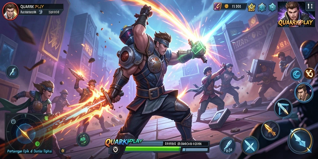 Screenshot utama QUARKPLAY menampilkan aksi pertarungan yang menegangkan dan karakter yang kuat.