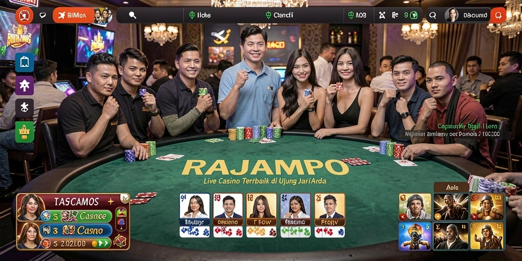 Screenshot gameplay RAJAMPO menampilkan dealer langsung dan suasana kasino yang realistis.