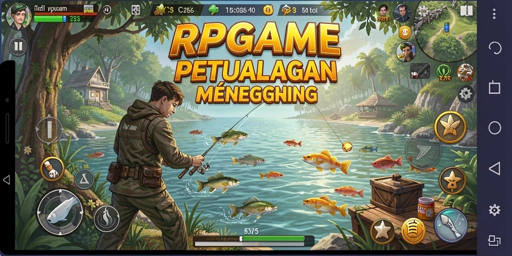 Screenshot gameplay RPGAME menampilkan aksi memancing yang dinamis dan menegangkan.